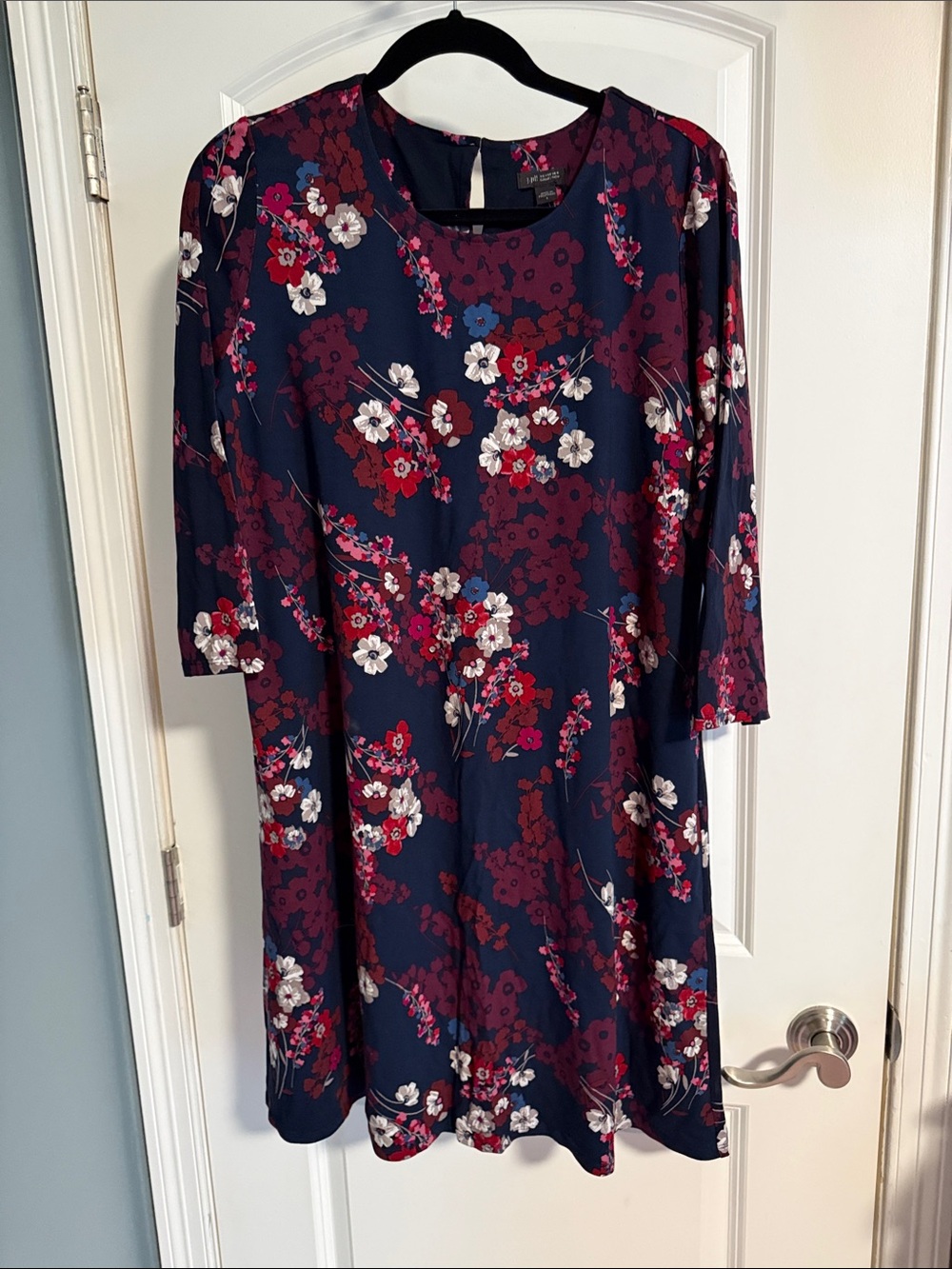 Navy Floral Midi Dress with Red and White Blossoms